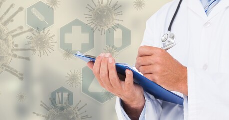 Digital illustration of a doctor holding a file of papers over macro coronavirus covid-19 cells