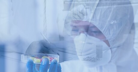 Digital illustration of scientist wearing coronavirus covid19 mask Over pills