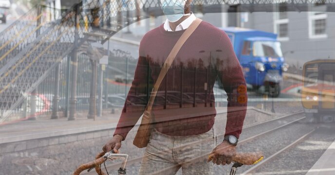Digital illustration of a man wearing a face mask over an empty train station