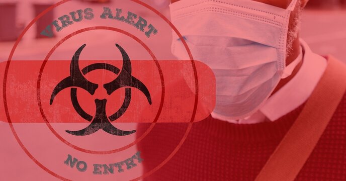 Digital illustration of hazard sign with a bandage and virus alert with a man wearing coronavirus
