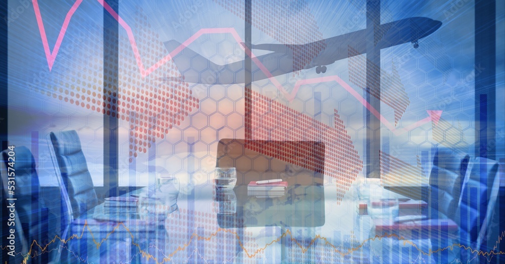 Poster digital illustration of an empty office with a plane flying outside over data processing