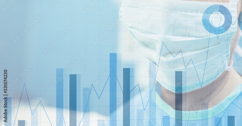 Poster digital illustration of a doctor wearing a face mask over data processing and statistics showing