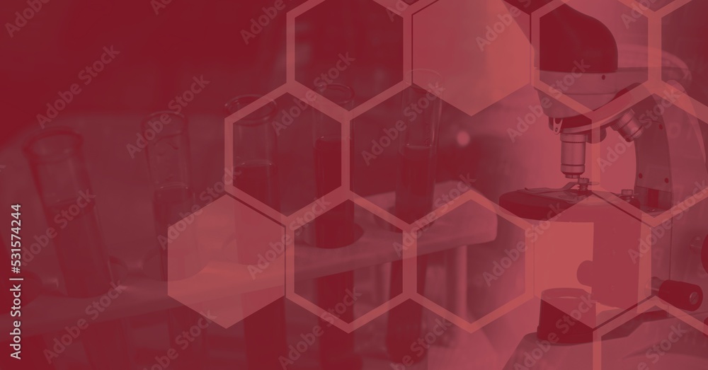 Poster digital illustration of a microscope and test tubes standing in a row