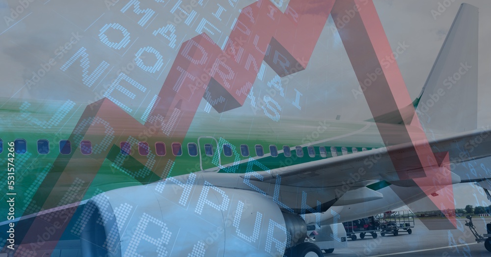 Poster digital illustration of a plane over data processing and statistics