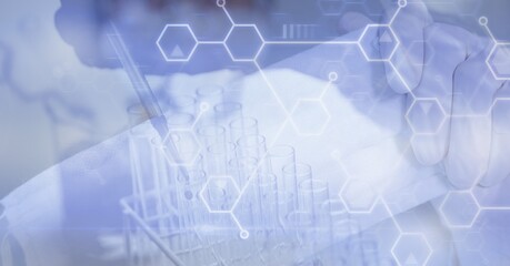 Digital illustration of a doctor holding a mask over test tubes