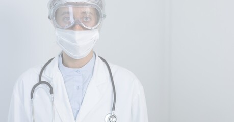 Digital illustration of a doctor wearing a face mask and protective gloves, looking at the camera