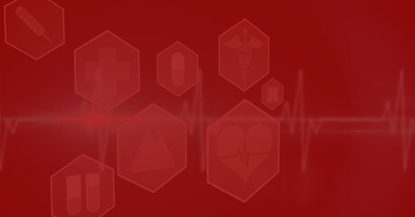 Digital illustration of medical icons over a heartbeat monitor on a red background