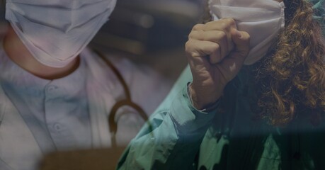 Digital illustration of a woman with a mask coughing over a doctor with a mask