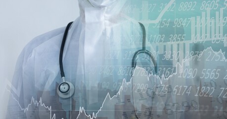 Digital illustration of a doctor wearing a mask over data processing