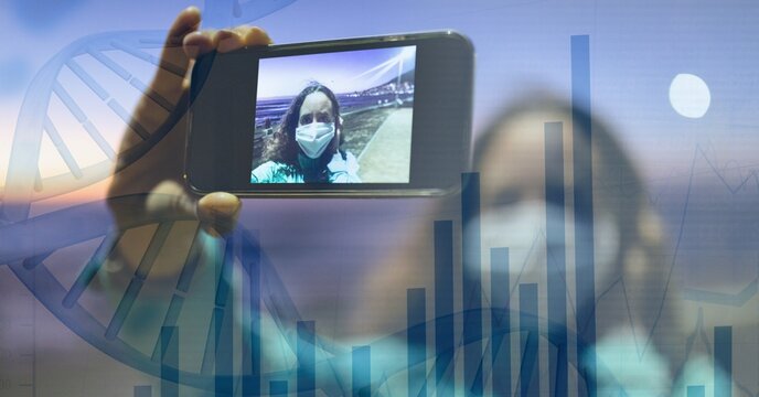 Digital illustration of a woman wearing a face mask and taking a selfie over data processing