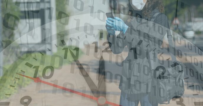 Digital illustration of a woman wearing a mask and gloves using a smartphone over a clock