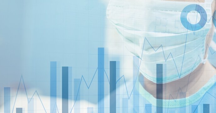 Digital illustration of a doctor wearing a face mask over data processing and statistics showing