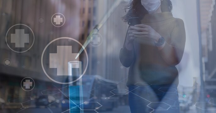 Digital illustration of a woman wearing a mask, using a smartphone walking over medical icons