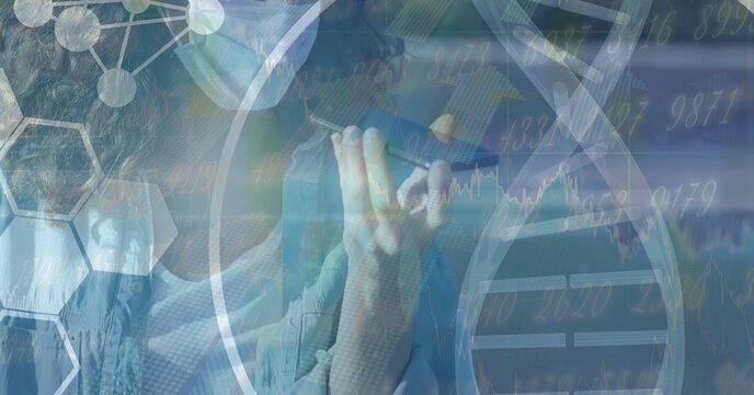 Digital illustration of a woman with a mask talking on a phone over a DNA strain and data processing