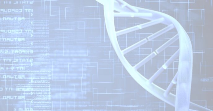 Digital illustration of a DNA strain over data processing, statistics