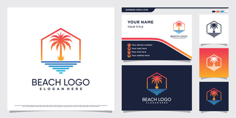 Palm tree and beach logo design illustration with creative concept and business card template