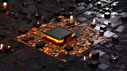 3D rendering CPU or Processor chip on motherboard electronic device and Circuit board, Artificial Intelligence concept technology background
