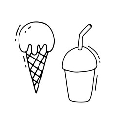 Hand drawn doodle Black and White Vector outline Icons. Ice cream and coffee