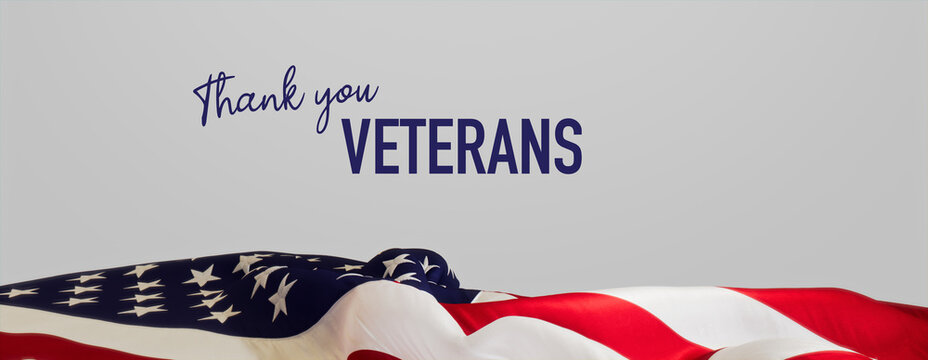 American Flag Banner with Veterans Day Caption on White. Premium Holiday Background.