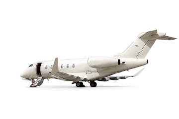Modern white private jet with an opened gangway door isolated on transparent background