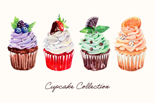 Watercolor colorful cupcakes collection