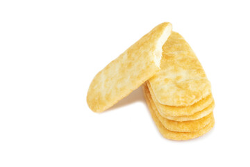 Stack of delicious Japanese rice cracker isolated on white