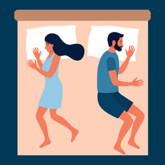 Married couple sleeping in bed at night in flat design.