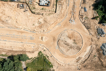 road construction. building road intersection. roundabout. aerial top view.