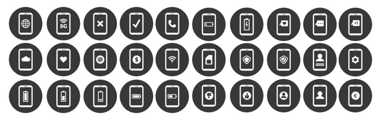 Set vector icon smartphone interface. Profile, wi-fi, message, sim card, charge battery, money dollar euro, cloud and etc.. Cellphone mobile icon set