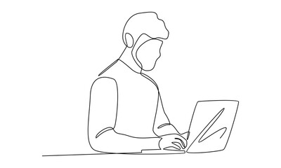 Continue line of man at his desk is working on the laptop computer