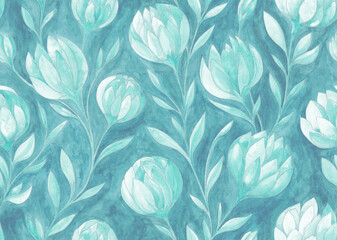 Vintage soft turquoise floral seamless pattern. Watercolor painting flowers with silver contours on textured background. Template for design, textile, wallpaper, bedding, ceramics.
