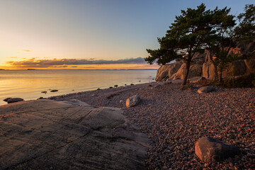 Beautiful view of rocky pebble beach, cliff and the Baltic Sea in Hanko, Finland, at sunset in the summer.