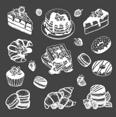 dessert menu vector chalk on black background. sweet set vector sketch on black background