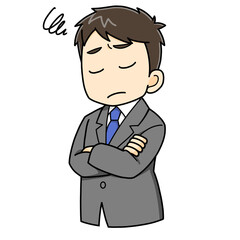 困る　ビジネスマン　腕組み　男性　スーツ　ミニキャラ　イラスト