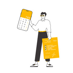 A man holds a calculator and a tax form in his hands. Linear trendy style.  