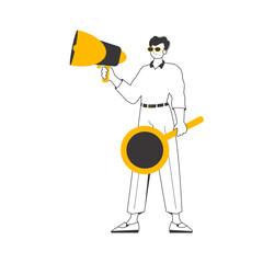 The guy is holding a bullhorn in his hands. Minimalistic linear style.  
