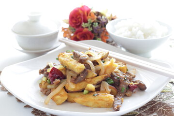 Chinese food, sweet potato and beef stir fried for winter vegetable comfort food