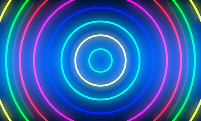 Abstract colorful neon light circles background.