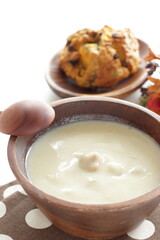 Homemade pumpkin scone and clam chowder for autumn breakfast 