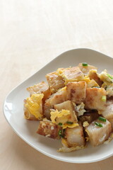 Chinese food, turnip cake and egg stir fried with green onion 