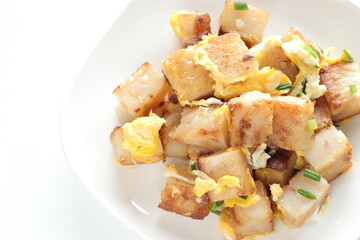 Chinese food, turnip cake and egg stir fried with green onion 