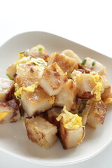 Chinese food, turnip cake and egg stir fried with green onion 
