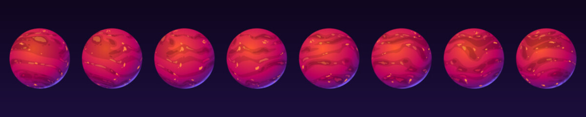 Red planet turnaround animation, Mars globe with textured surface rotation sprite sheet, sequence frame of turning and moving around of orbit. Alien martian planet in space Cartoon vector illustration