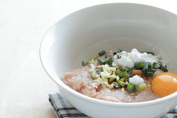 Minced chicken and spring onion with ginger and flour for meat ball cooking ingredient