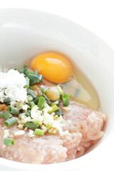 Minced chicken and spring onion with ginger and flour for meat ball cooking ingredient