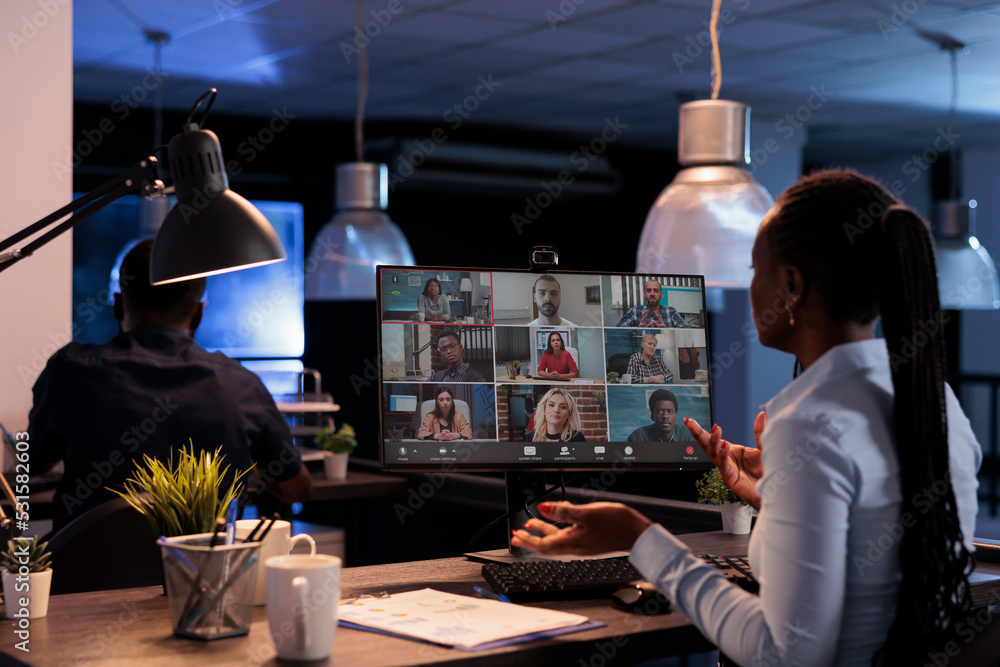 Poster executive assistant talking to business team on remote videocall, chatting on online teleconference 