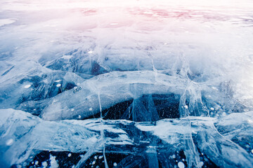 Winter landscape of Lake Baikal frozen ice hummocks sunny day