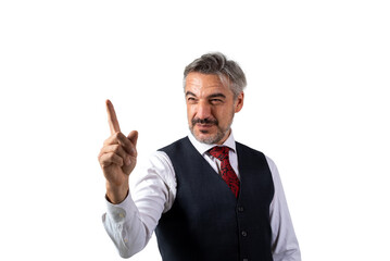 Portrait of senior Businessman standing in a suit without jacket, in waistcoat suit pointing with hand and finger. isolated on white background.