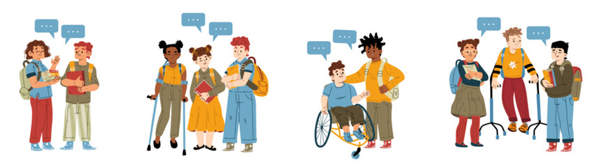 Children with disability among school friends. Flat vector illustration of happy handicapped kids in wheelchair or with crutches smiling, surrounded by nice boys and girls with books and backpacks - obrazy, fototapety, plakaty