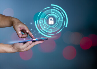People's fingers are pressing on the phone screen. Represents protection against external hacks,...